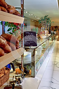 Fresh bread rack display in a traditional italian restaurant