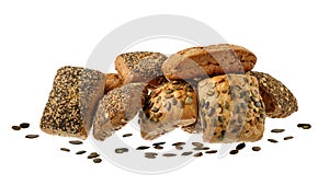 Fresh bread rolls with poppy and pumpkin seeds  closeup isolated on white background