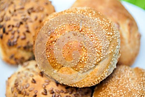 Fresh bread rolls with sunflower and sesame seeds