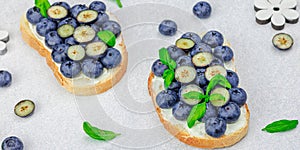 Fresh bread sandwiches with sweet blueberries, cream cheese and basil leaves. Good morning concept