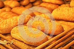 Fresh bread on shelf in bakery