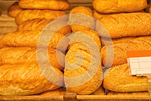 Fresh bread on shelf in bakery