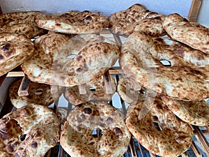 Fresh bread on shelf in bakery, Georgia.