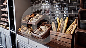 Fresh bread on shelves in bakery 16