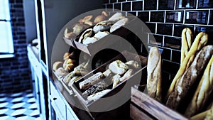 Fresh bread on shelves in bakery 32