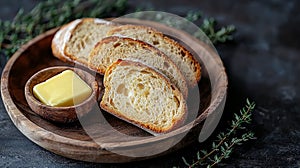 Fresh bread slices with butter, rustic setting