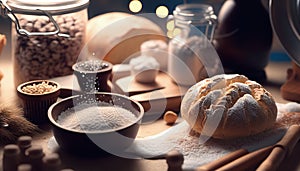 Fresh Bread with wheat ears and a bowl of flour and other elements of bread baking. Generative AI