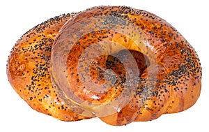 Fresh breakfast bread bagel roll with seeds isolated on white background