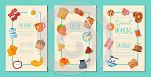 Fresh breakfast concept set of posters or banners vector illustration. Healthy start day. Eating in the morning. Good