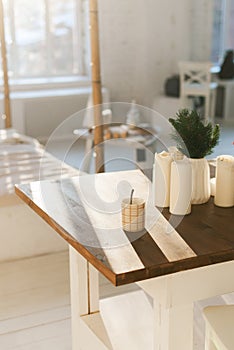 fresh breakfast with hot coffee in the morning sunlight