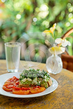 Fresh breakfast toast with produce