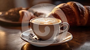 Fresh brewed cappuccino coffee with pastries. Generative ai