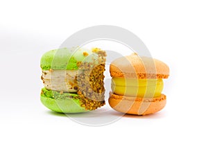 Fresh bright colored macaroons or macaroons isolated on white background.