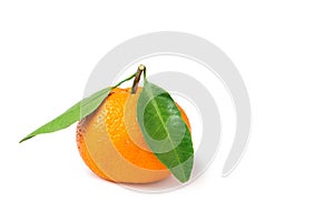 Fresh, bright fruits. Mandarin with leaf on a white isolated background