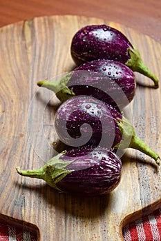 Fresh Brinjals Group  Eggplant  or Aubergine  on Wooden Chopper Board