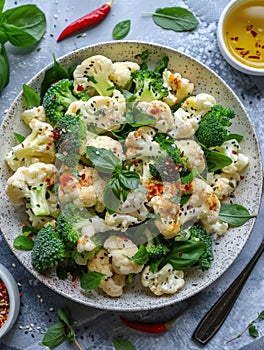 Fresh broccoli and cauliflower salad with Tahini dressing on plate