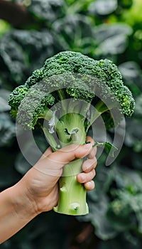 Fresh broccoli floret held in hand, selection of broccoli on blurred background with copy space photo