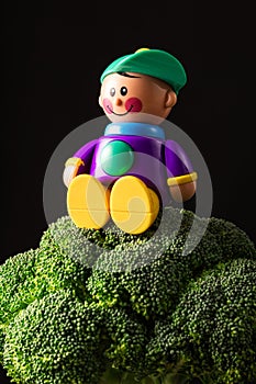 Fresh broccoli florets and plastic toy boy on black rustic background