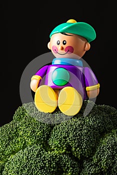 Fresh broccoli florets and plastic toy boy on black rustic background