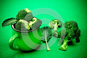 Fresh Broccoli on green background , nature green food concept