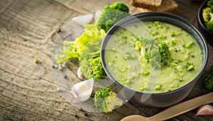 Fresh broccoli soup on the wooden table
