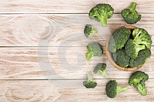 Fresh broccoli on white wooden background with copy space for your text. Top view