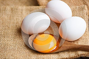 Fresh broken egg yolk, duck eggs white collect from farm products natural in a sack healthy eating