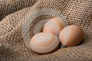 Fresh brown eggs on a bag. Natural crude products