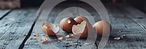 Fresh brown eggs and broken eggshells resting on rustic wooden table