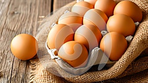 Fresh brown eggs in a carton on rustic wooden table. organic ingredients for healthy breakfast. natural produce at farm