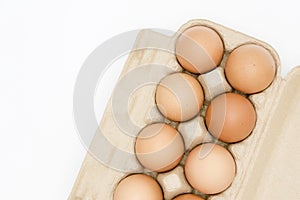 Fresh brown eggs organic arranged Burlap Sack Isolated on White Background