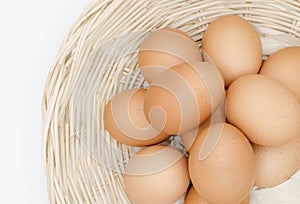 Fresh brown eggs organic arranged Burlap Sack Isolated on White Background
