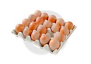 Fresh brown eggs in paper carton isolated on white