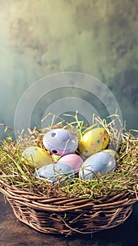 Fresh Brown Eggs in Straw Nest. A rustic wicker basket holding fresh brown eggs nestled in straw