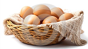 Fresh brown eggs in a wicker basket on a rustic burlap cloth