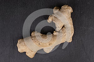 Fresh brown ginger on grey stone