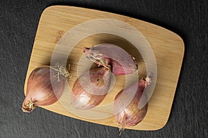 Fresh brown shallot on grey stone