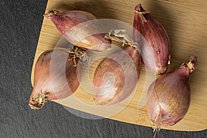 Fresh brown shallot on grey stone