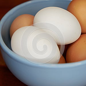 Fresh brown and white eggs in a bowl