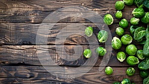 Fresh brussel sprouts over rustic wooden background Top view
