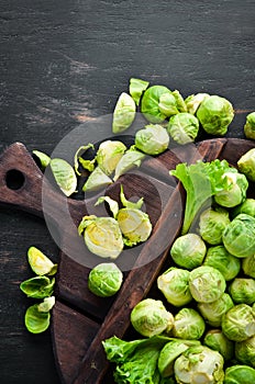 Fresh Brussels cabbage on a black background. Vegetables.