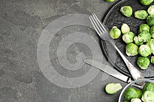 Fresh Brussels sprouts on grey table, flat lay. Space for text