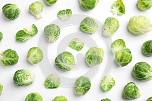 Fresh Brussels sprouts on white background, top view