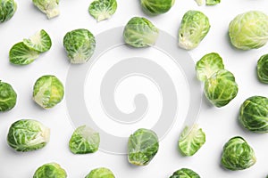 Fresh Brussels sprouts on white background, top view. Space for text