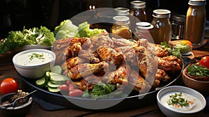 Fresh buffalo chicken wings with savory dip appetizer