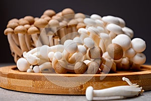 Fresh buna brown and bunapi white shimeji edible mushrooms from Asia, rich in umami tasting compounds such as guanylic and