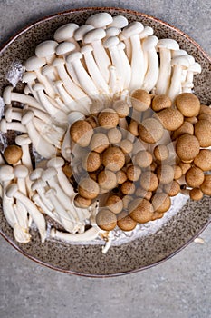 Fresh buna brown and bunapi white shimeji edible mushrooms from Asia, rich in umami tasting compounds such as guanylic and