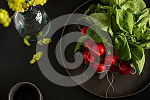 Fresh bunch of radishes with leaves lies on a black plate