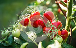 Fresh bunch of red ripe and unripe natural tomatoes growing on a branch in homemade greenhouse.