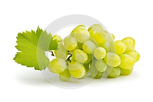 Fresh bunch of white grapes with leaf on white background